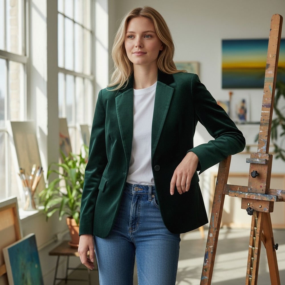 Carolina Herrera Velvet Tailored Forest Green Blazer Martingale Back Detail